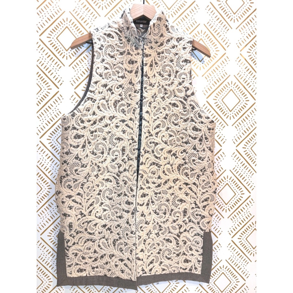 Eskandar Vest Women Size 0 Gray Cream Wool Silk Tapestry Lagenlook England Layer